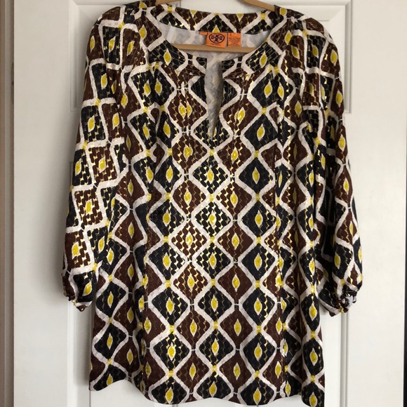 Tory Burch Tops - Tory Burch Gold Black/Navy Brown Print Tunic Top